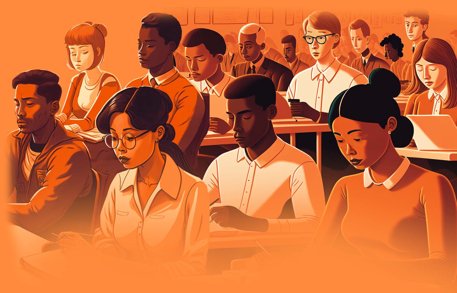 An illustration of a classroom full of diverse students taking a test