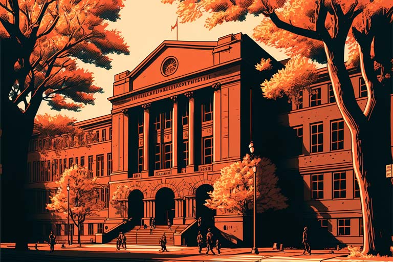 An illustration of a building facade surrounded by old-growth trees in the classical architectural style well-represented amongst American law schools. Students and faculty mingle in front of the building.