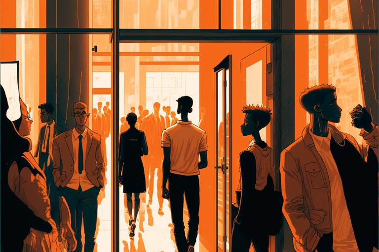 Students from a variety of genders and racial backgrounds walking through the lobby of an august-looking building, a law school.