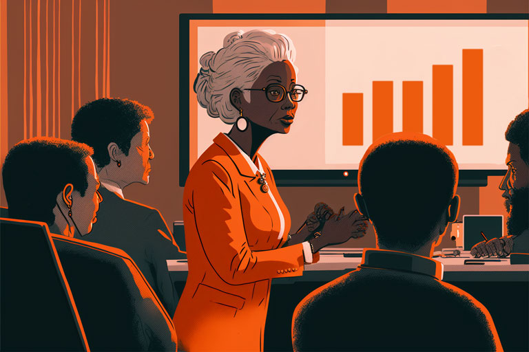 An illustration of a middle-aged woman of color presenting a graph with a positive trend on a display screen in a conference room populated by her peers.
